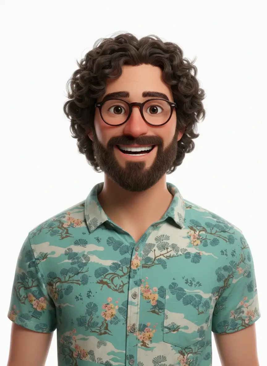 Pixar-style 3D avatar of the subject smiling against a clean white studio background