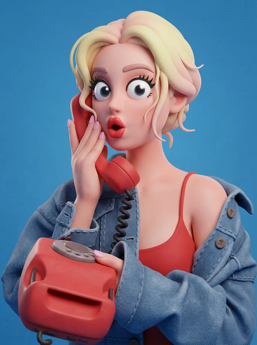 Stylized claymation portrait with rounded 3D features, cartoon eyes, and a blue studio backdrop