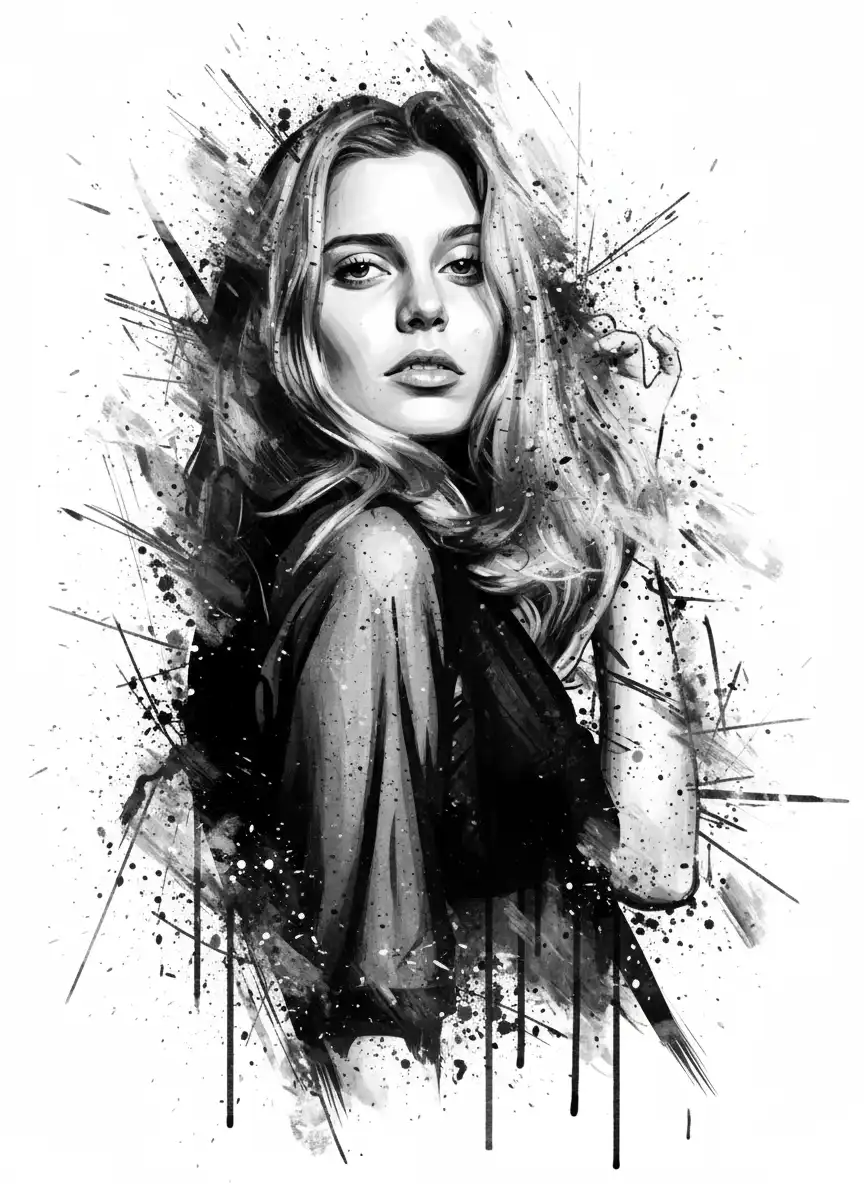 High-contrast black and white portrait in an expressive ink-splatter illustration style