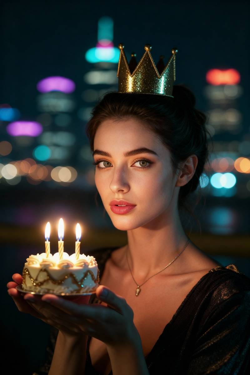 AI Neon Candle Queen: Urban Night Birthday Image