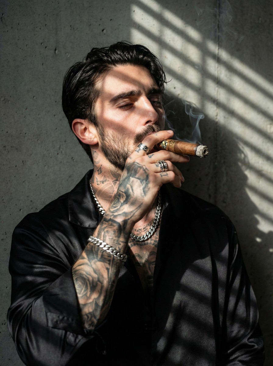 AI Refined Renegade Portrait: Tattooed Bad Boy Image